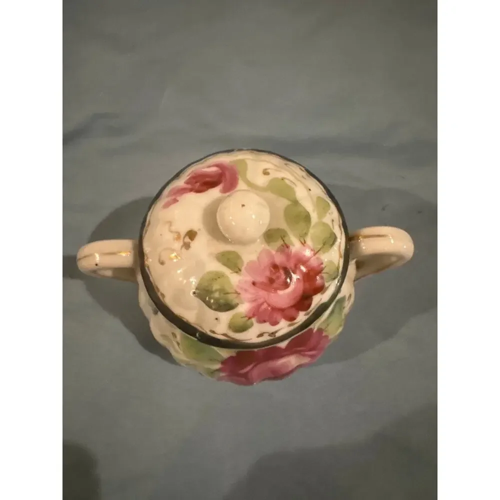Antique Hand Painted Porcelain Lidded Sugar Bowl Pink Roses Gold Trim Victorian